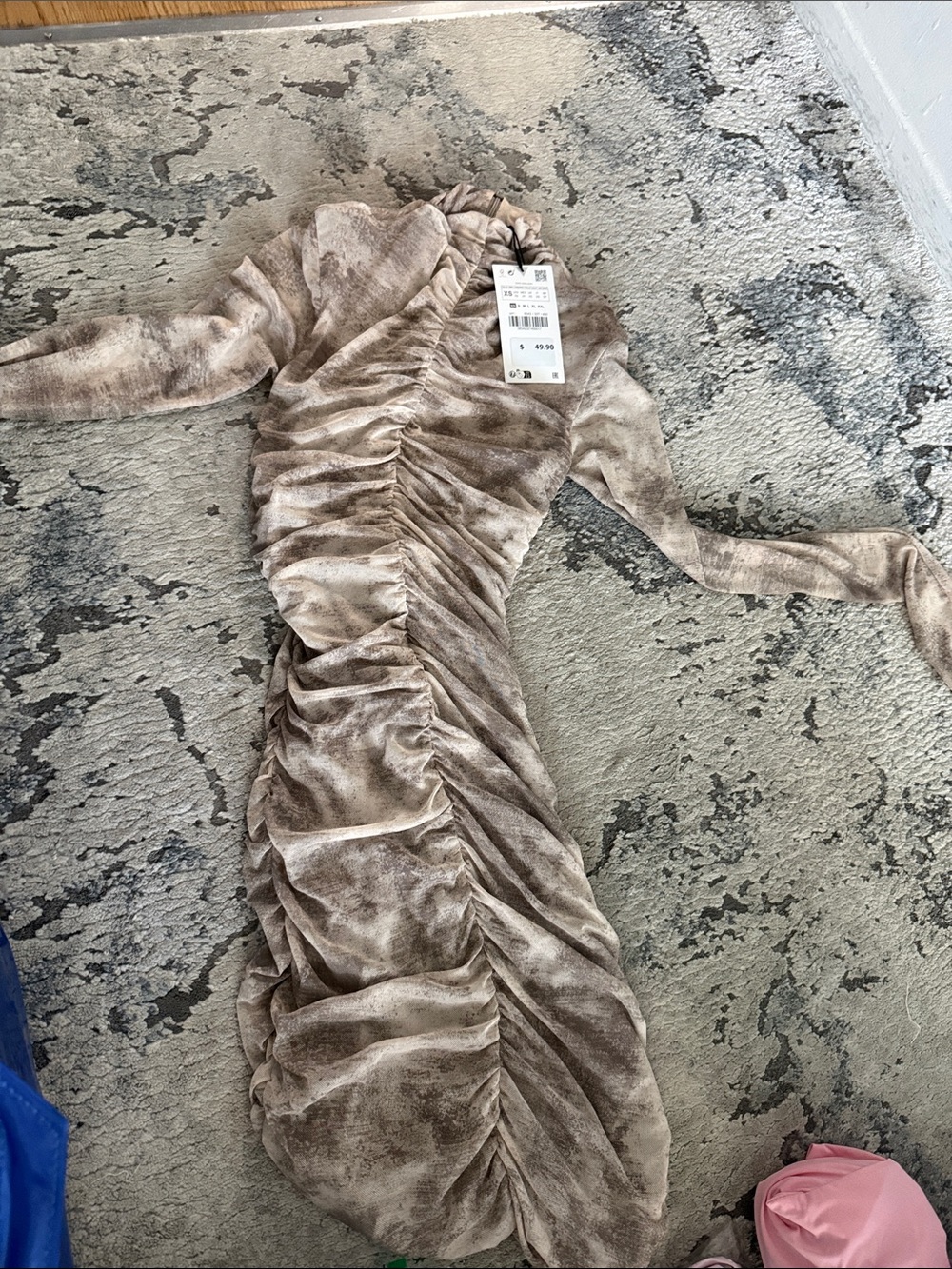 Zara Beige/Mocha Ruched Long Sleeve Mini Dress